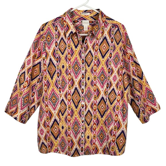 Chico’s No-Iron 100% Linen Multi-Colored Diamond Printed Blouse Sz. 3 (US XL/16) - Picture 1 of 14